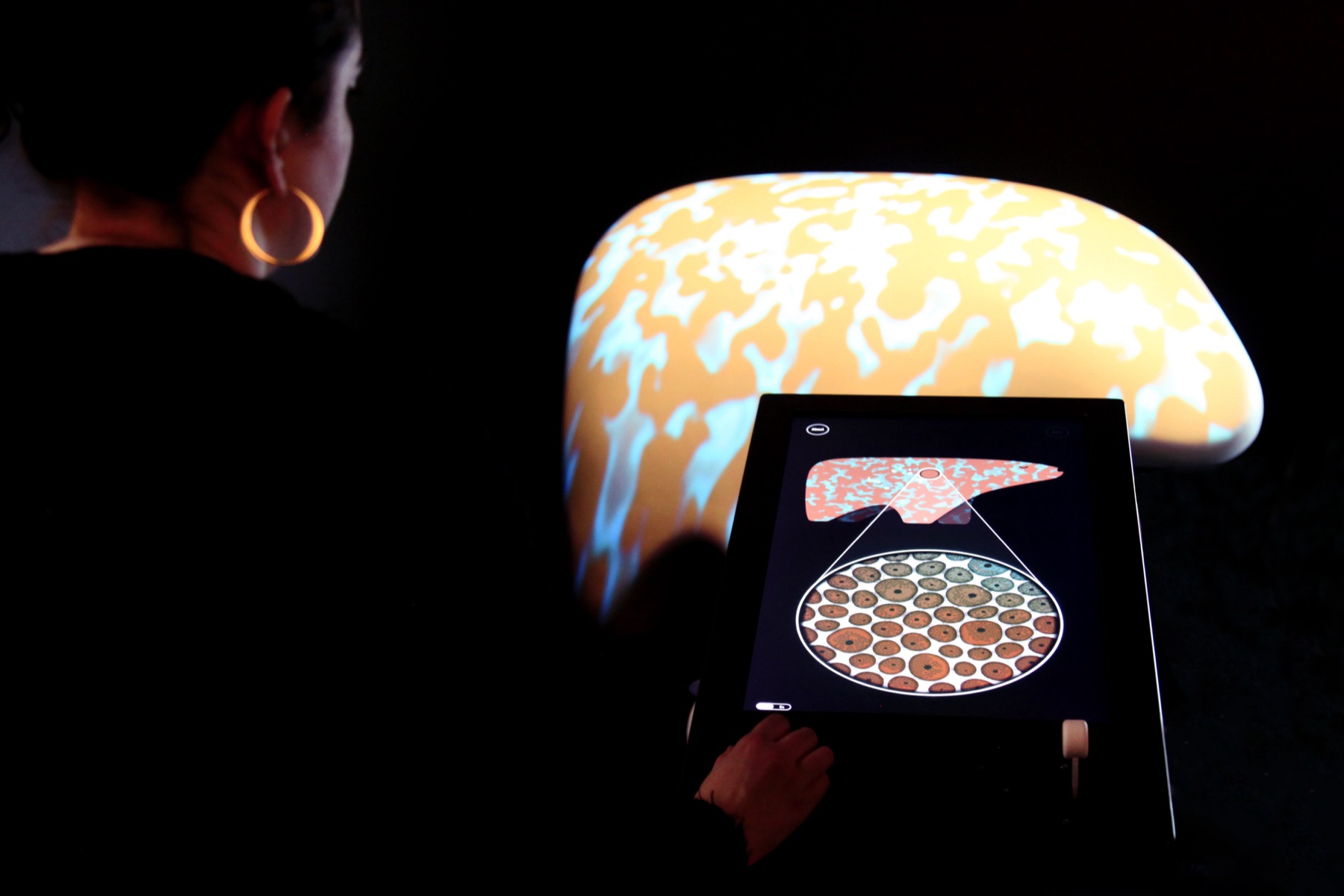 A visitor stands at a tablet in a dark gallery, facing a large organic biomorphic sculpture onto which an orange-and-cyan generative pattern is projected. The tablet screen shows the same pattern forming over a stylized organ.