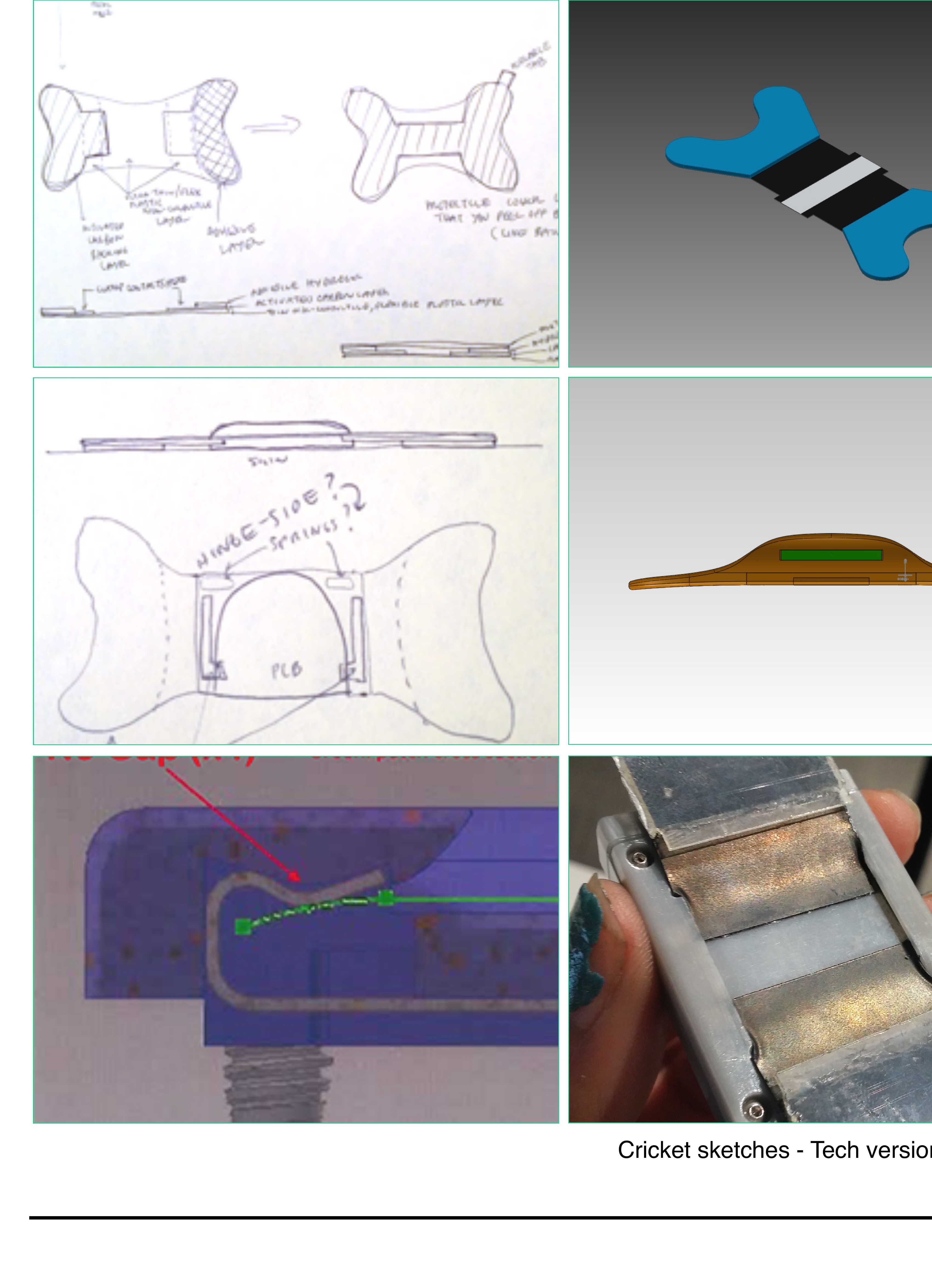 Process grid for The Cricket EXG sensor: pencil sketches of bow-tie patch geometries with adhesive-layer annotations, a 3D render of the blue silicone case, side-profile sketches with hinge-side and spring callouts, a CAD section, and a photograph of the final molded museum-grade housing in a hand.